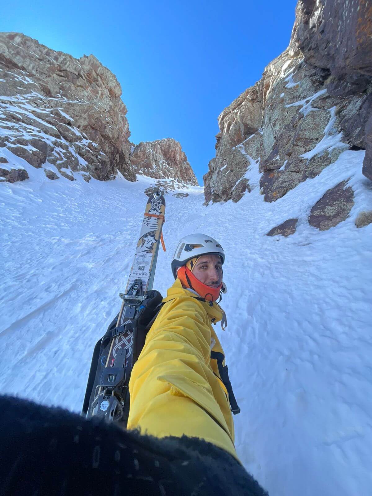 Radouane skiing in a mountain couloir in Morocco's High Atlas